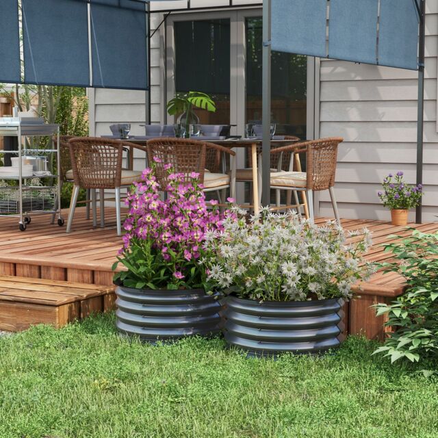 OUTSUNNY Set of 2 Raised Garden Bed Metal Planter Box with Safety Edging in Dark Grey - image 1