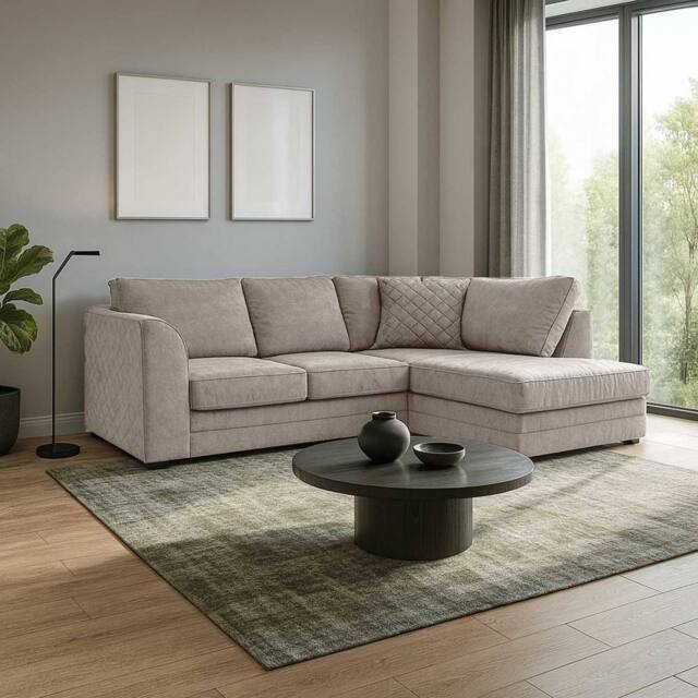 Furnishings For Less UK Quilted Chenille Fabric 3 to 4 Seater L Shaped Corner Sofa Right Hand Facing in Beige - image 1