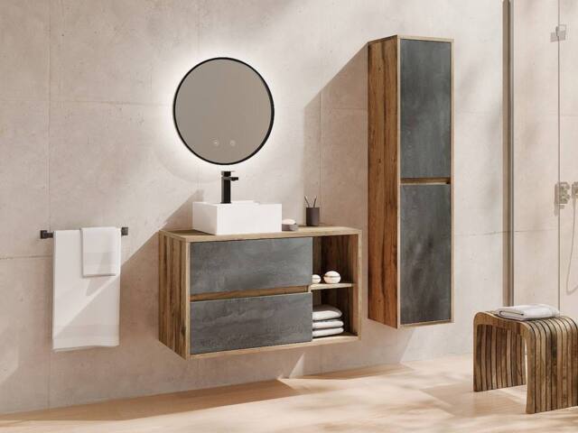 Vente-unique Wall-Hung Bathroom Unit With Basin & Tall Unit - Natural and in Light Oak - image 1
