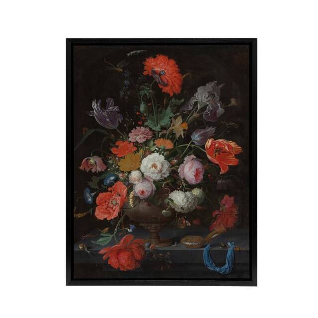 "Artery8 Still Life with Flowers & a Watch Mignon Black Framed Canvas Art - Size: W12"" x H16""" - image 1