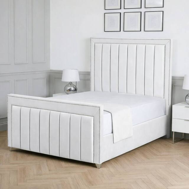 Living Comfort Bedz Royale Plush Velvet Upholstered Bed Slatted Base with 48Inch Headboard in White - Size: Double - image 1