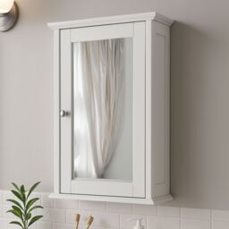 Orsina Mirrored Cabinet For Bathroom Use, White Wood Mirrored Cabinet With Chrome Handle, Small Drawer Unit