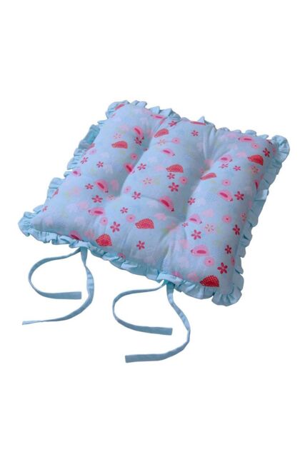 Homescapes Reversible Blue Frilled Cushion Seat Pad with Ties Birds & Flowers - Size: 40 cm x 40 cm - image 1