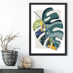 ARTZE Monstera Teal & Green Mid Century Modern Framed Print SIZE: A4 with Black Frame - thumbnail 2
