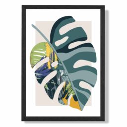 ARTZE Monstera Teal & Green Mid Century Modern Framed Print SIZE: A4 with Black Frame