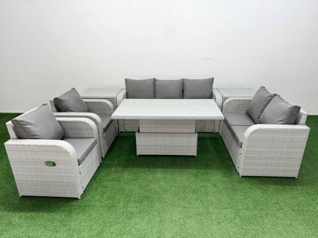 Fimous PE Rattan Garden Furniture Set Reclining Chair Sofa Double Love Seat 2 Seater Sofa Lounge Set Adjustable Lifting Dining or Coffee Table 2 Side - image 1
