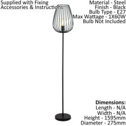 Loops Standing Floor Lamp Light Black Steel 1 x 60W E27 Bulb Tall Living Room - thumbnail 2
