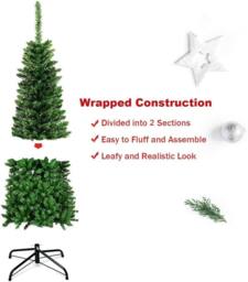 Shatchi Pre-Lit Artificial Slim Christmas Green Pencil Tree Warm White LEDs Pointed Tips with Metal Stand - Size: 5ft - thumbnail 4