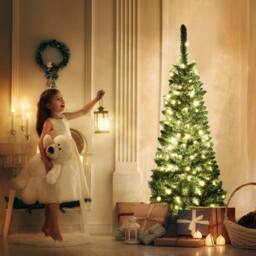 Shatchi Pre-Lit Artificial Slim Christmas Green Pencil Tree Warm White LEDs Pointed Tips with Metal Stand - Size: 5ft - thumbnail 3