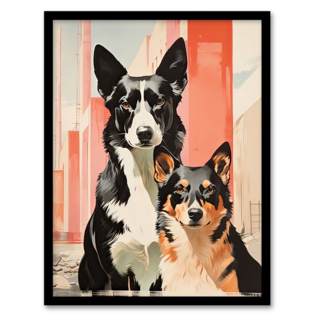 Artery8 Wall Art Print Collie Pair Dog Portrait Watercolour Painting Framed Art Picture - Size: A4 - image 1