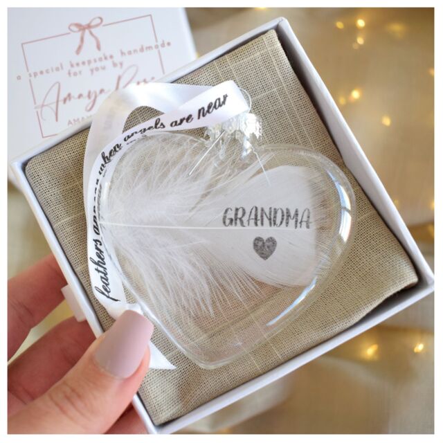 Amaya Rose Ltd In Memory of GRANDMA Feather Heart Bauble Gift Boxed in Clear