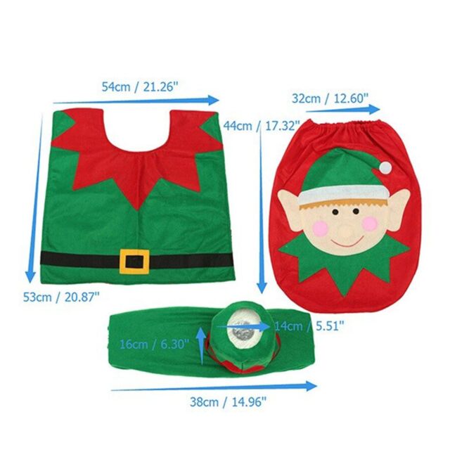 Shatchi Christmas Toilet Seat Cover & Mat Bathroom Set Xmas Home Decor Party Accessories 3pcs, White ELF - image 1