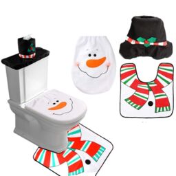 Shatchi Christmas Toilet Seat Cover & Mat Bathroom Set Xmas Home Decor Party Accessories 3pcs, White ELF - thumbnail 2