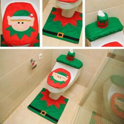 Shatchi Christmas Toilet Seat Cover & Mat Bathroom Set Xmas Home Decor Party Accessories 3pcs, White ELF - thumbnail 3