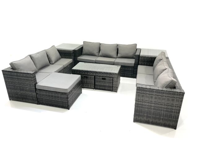 Fimous Outdoor Garden Furniture Set 9 Pieces Rattan Sofa Set with Coffee Table 3 Footstools Side Table Dark Grey Mixed - image 1