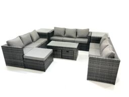 Fimous Outdoor Garden Furniture Set 9 Pieces Rattan Sofa Set with Coffee Table 3 Footstools Side Table Dark Grey Mixed - thumbnail 1
