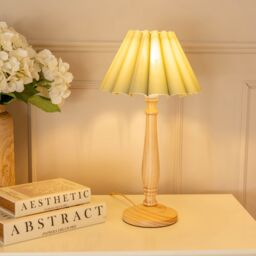 ValueLights Victoria Light Wood Candlestick Stem Table Lamp with Scallop Tapered Lamp Shade in Pale Green