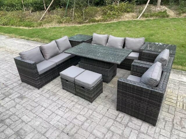 Fimous 9 Seater Outdoor Rattan Garden Furniture Set Adjustable Rising Lifting Dining Table With Side Table Chairs Stools in Dark Grey - image 1