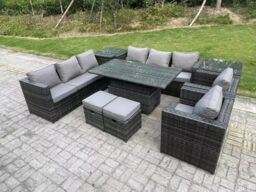 Fimous 9 Seater Outdoor Rattan Garden Furniture Set Adjustable Rising Lifting Dining Table With Side Table Chairs Stools in Dark Grey - thumbnail 1