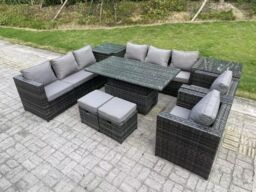 Fimous 9 Seater Outdoor Rattan Garden Furniture Set Adjustable Rising Lifting Dining Table With Side Table Chairs Stools in Dark Grey - thumbnail 2