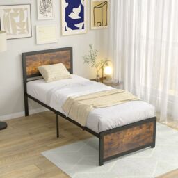 Costway Single Size Bed Frame Heavy-duty Industrial Metal Platform Bed w/High Headboard in Brown - thumbnail 6