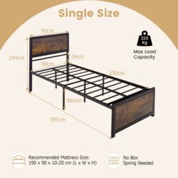 Costway Single Size Bed Frame Heavy-duty Industrial Metal Platform Bed w/High Headboard in Brown - thumbnail 5