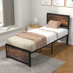 Costway Single Size Bed Frame Heavy-duty Industrial Metal Platform Bed w/High Headboard in Brown - thumbnail 1