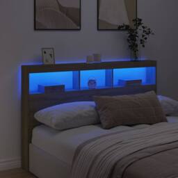 Berkfield Home Headboard Cabinet with LED Sonoma Oak 160x17x102 cm in Light Tan - Size: 160 x 17 x 102 cm - thumbnail 4