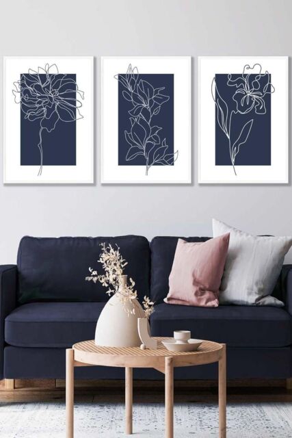 ARTZE Set of 3 White Framed Line Art Sketch Flowers on Navy Blue Wall Art - Size: W33 cm x H45 cm x D20mm - image 1