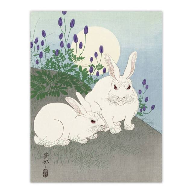 "Artery8 Two Rabbits At Full Moon Vintage Japan Wall Art Print Ohara Koson in Blue - Size: W12"" x H16""" - image 1