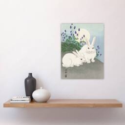 "Artery8 Two Rabbits At Full Moon Vintage Japan Wall Art Print Ohara Koson in Blue - Size: W12"" x H16""" - thumbnail 4