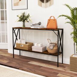 Costway Industrial Console Table 2-Tier Narrow Sofa Table Behind Couch in Brown - thumbnail 3