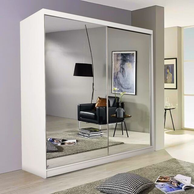 Sliding Wardrobes 4U Double Mirror Sliding Door Wardrobe with LED Light 200cm x 217cm in White - Size: 200 cm x 217 cm - image 1