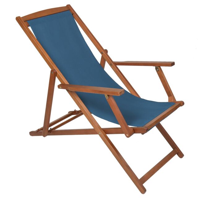 Charles Bentley Folding Eucalyptus Wooden Deck Chair Beach Sun Lounger in Blue - image 1