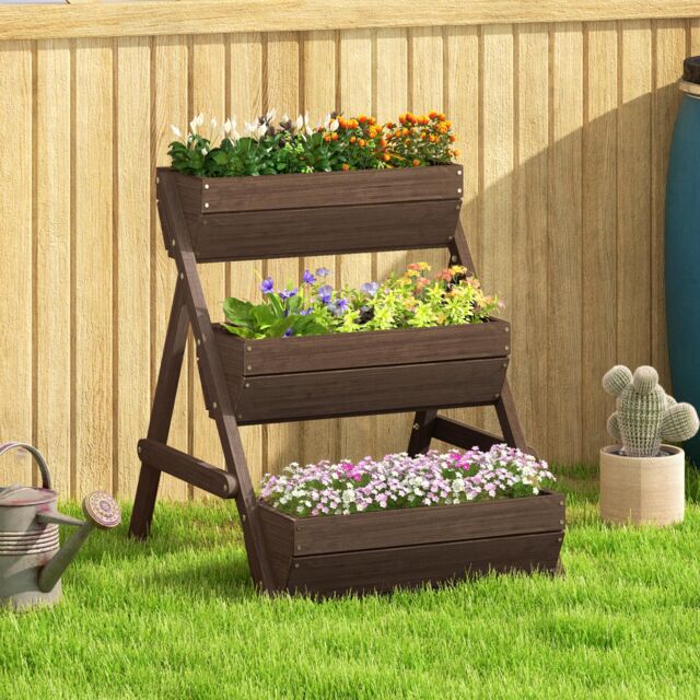 OUTSUNNY 3 Tier Raised Garden Bed Wooden Elevated Planter Box Kit, Tan - image 1