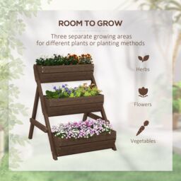 OUTSUNNY 3 Tier Raised Garden Bed Wooden Elevated Planter Box Kit, Tan - thumbnail 4