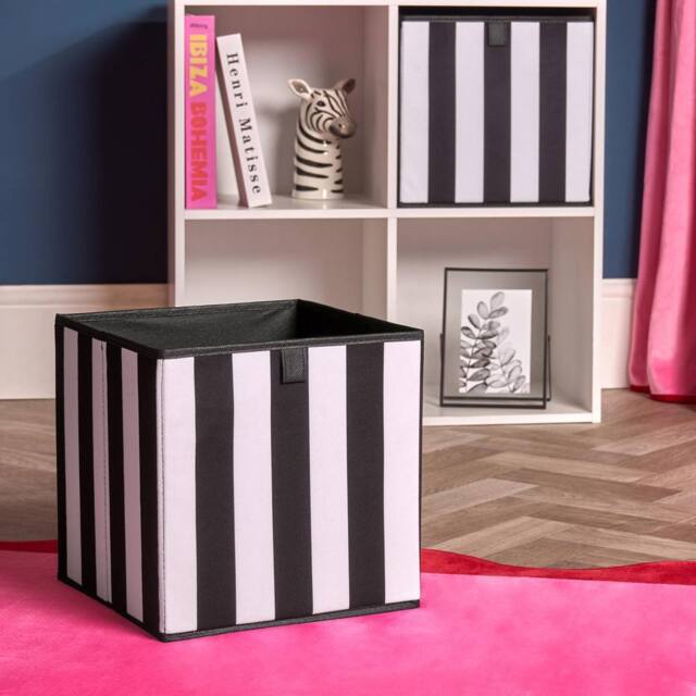 OHS 2 x Stripe Print Cube Storage Boxes Folding Shoe Organiser in Black - image 1