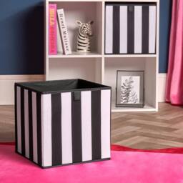 OHS 2 x Stripe Print Cube Storage Boxes Folding Shoe Organiser in Black - thumbnail 1