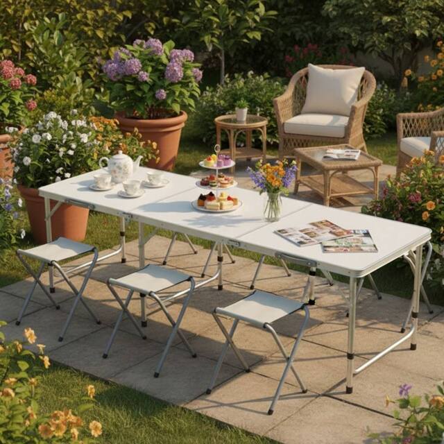 Ventryn 6ft Folding Table Chair Set for Outdoor Party Picnic BBQ & Stall in Silver - image 1