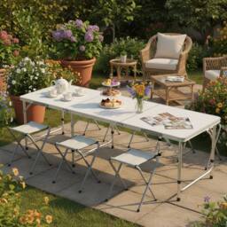 Ventryn 6ft Folding Table Chair Set for Outdoor Party Picnic BBQ & Stall in Silver