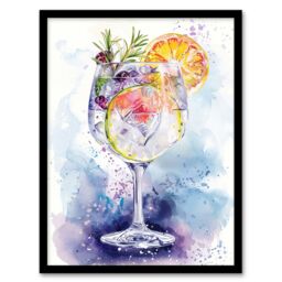 "Artery8 Sloe Gin Tonic Fruit Cocktail Modern Watercolour Framed Art Print in Blue - Size: W12"" x H16""" - thumbnail 1