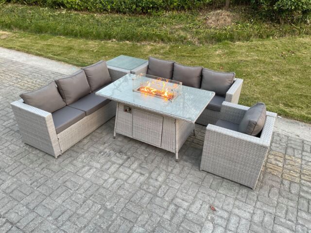 Fimous Light Grey Corner Rattan FirePit Garden Furniture Set Gas Heater Burner Lounge Sofa With Side Coffee Table - image 1