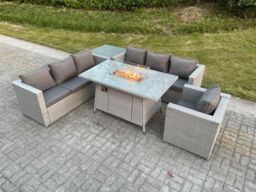 Fimous Light Grey Corner Rattan FirePit Garden Furniture Set Gas Heater Burner Lounge Sofa With Side Coffee Table - thumbnail 3