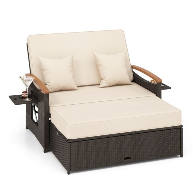 Costway Outdoor Wicker Daybed Rattan Woven Loveseat with Folding Panels & Storage Ottoman in Brown - image 1
