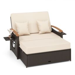 Costway Outdoor Wicker Daybed Rattan Woven Loveseat with Folding Panels & Storage Ottoman in Brown - thumbnail 1