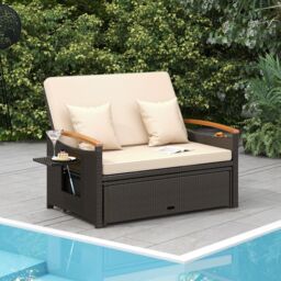 Costway Outdoor Wicker Daybed Rattan Woven Loveseat with Folding Panels & Storage Ottoman in Brown - thumbnail 4