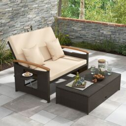 Costway Outdoor Wicker Daybed Rattan Woven Loveseat with Folding Panels & Storage Ottoman in Brown - thumbnail 3