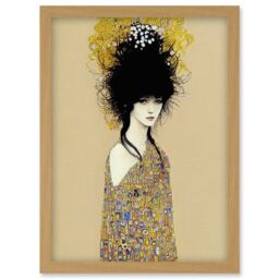 Artery8 Woman in Klimt Style Dress Gold Black Painting Artwork Framed Wall Art Print A4 in Light Oak - thumbnail 1