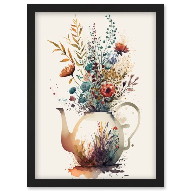 Artery8 Wildflower Bouquet Teapot Vase with Floral Design Artwork Framed Wall Art Print A4 in Black - image 1