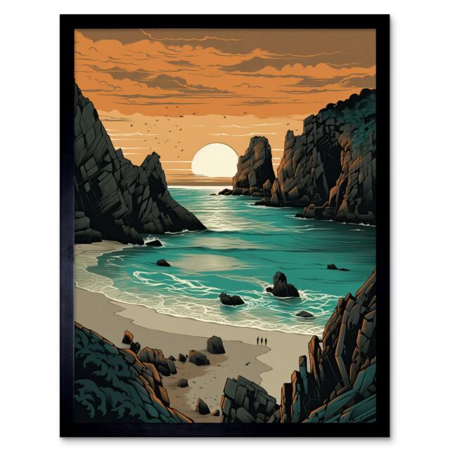 "Artery8 Wall Art Print Porthcurno Beach Sunrise Coastal Landscape Art Framed in Black - Size: W12"" x H16""" - image 1